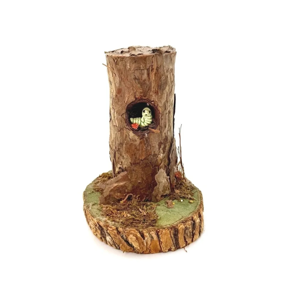 Handmade Natural Wood Tree Trunk Figurine with‎ Miniature Caterpillar Whimsical